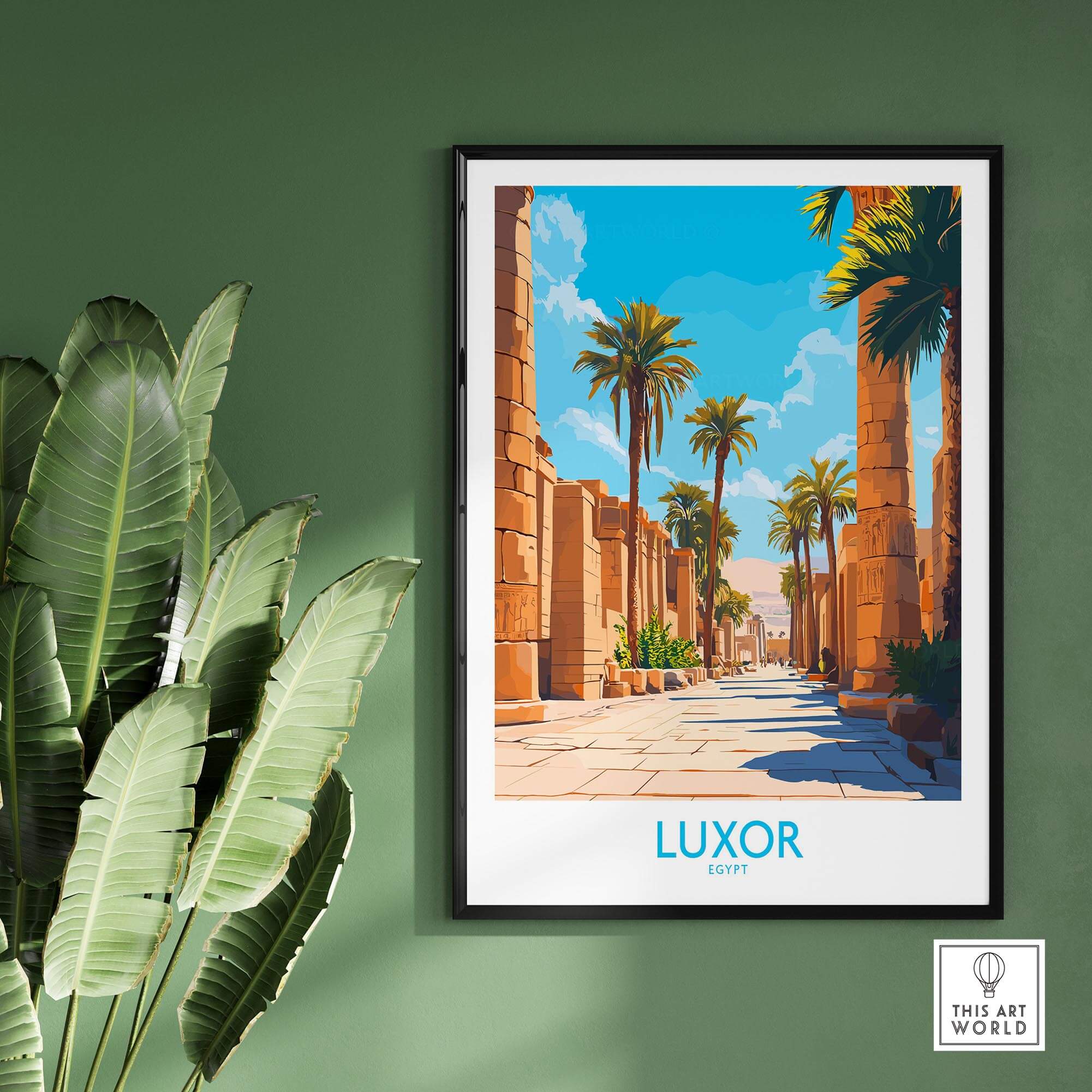 Luxor Travel Poster showcasing vibrant Egyptian architecture and palm trees, ideal for wall decor enthusiasts.
