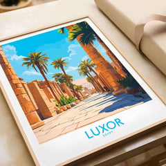 Luxor Travel Poster featuring vibrant imagery of ancient Egypt with palm trees and architectural marvels.