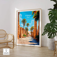Luxor Travel Print showcasing Egypt's ancient architecture and palm trees in a vibrant home decor setting.