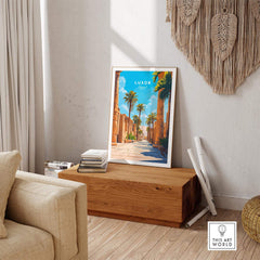Luxor Travel Print showcasing vibrant imagery of ancient Egypt's landscape in a stylish home setting.