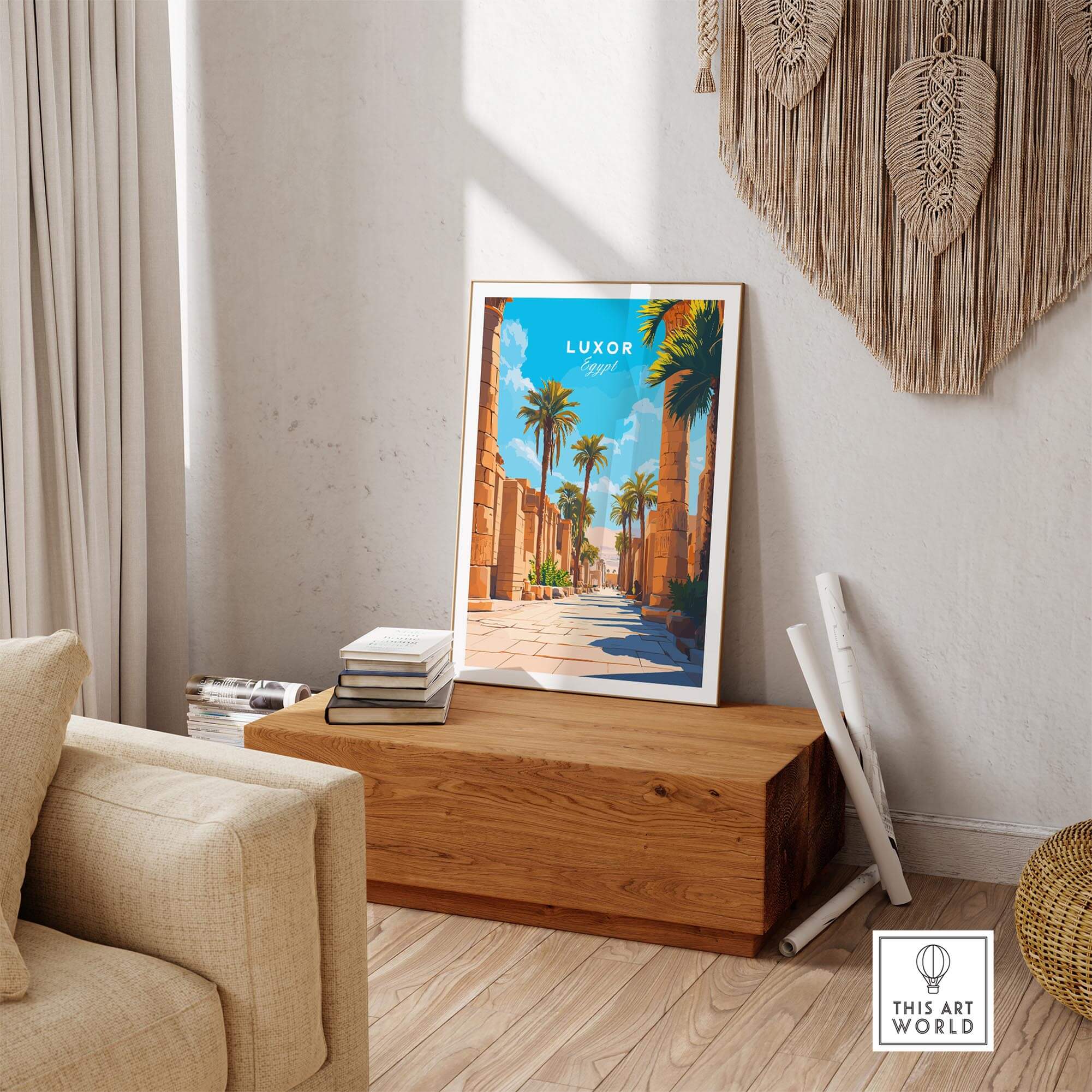 Luxor Travel Print showcasing vibrant imagery of ancient Egypt's landscape in a stylish home setting.