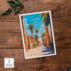 Luxor Travel Print showcasing palm trees and ancient architecture in Egypt, perfect for travel enthusiasts.