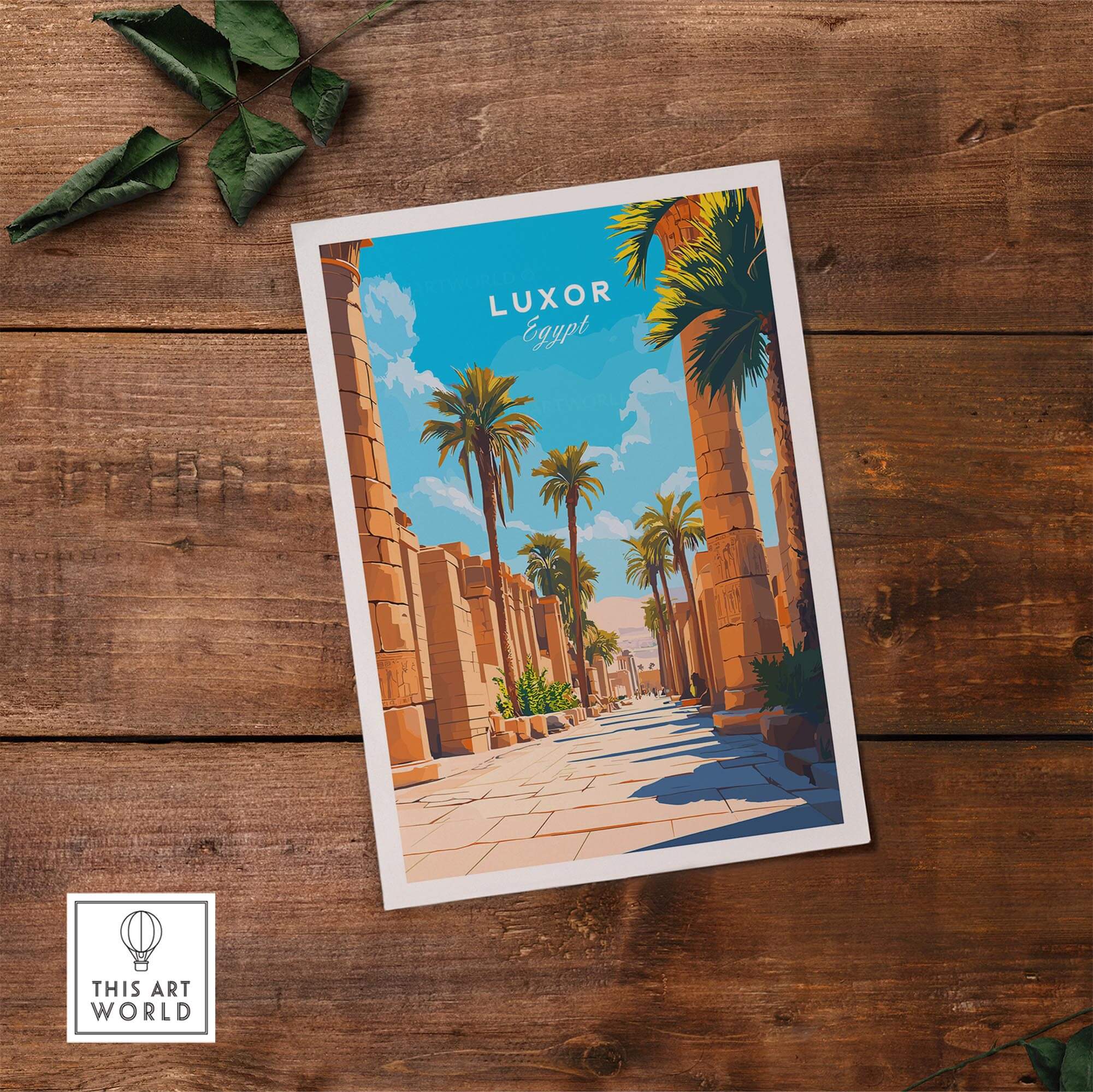 Luxor Travel Print showcasing palm trees and ancient architecture in Egypt, perfect for travel enthusiasts.