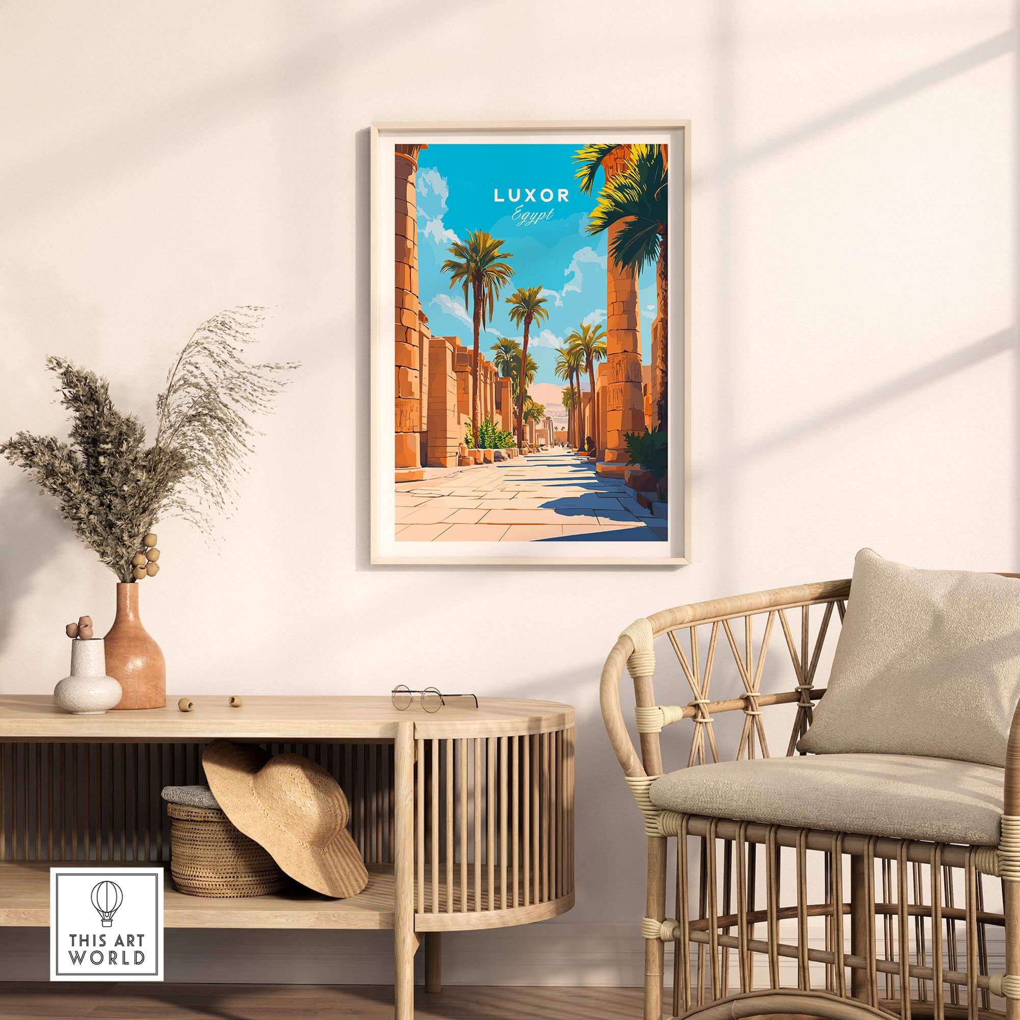 Luxor Travel Print showcasing ancient Egypt with palm trees and historic architecture in a stylish home setting.