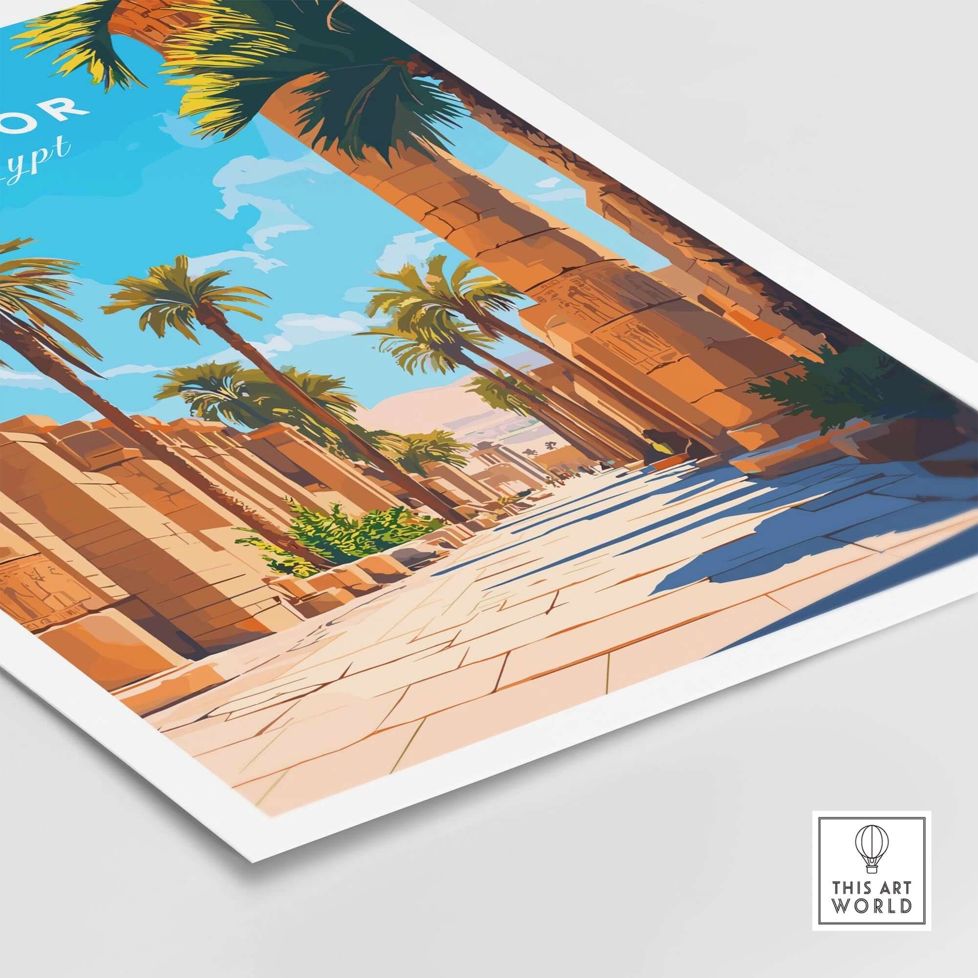 Luxor Travel Print showcasing ancient Egyptian architecture and palm trees in vibrant colors.