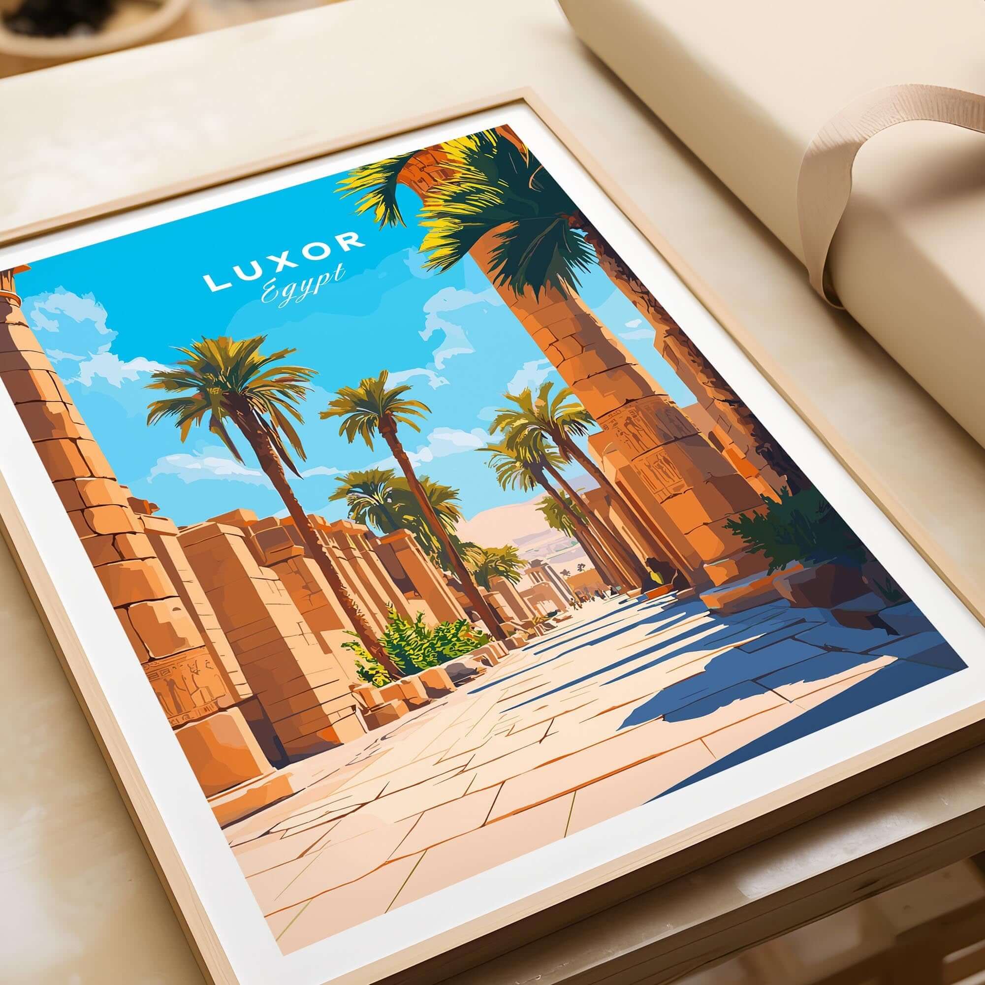Luxor Travel Print featuring ancient Egypt scenery with palm trees and historic columns.