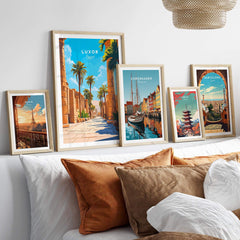 Luxor Travel Print displayed among other travel prints on a stylish wall, showcasing stunning travel destinations.