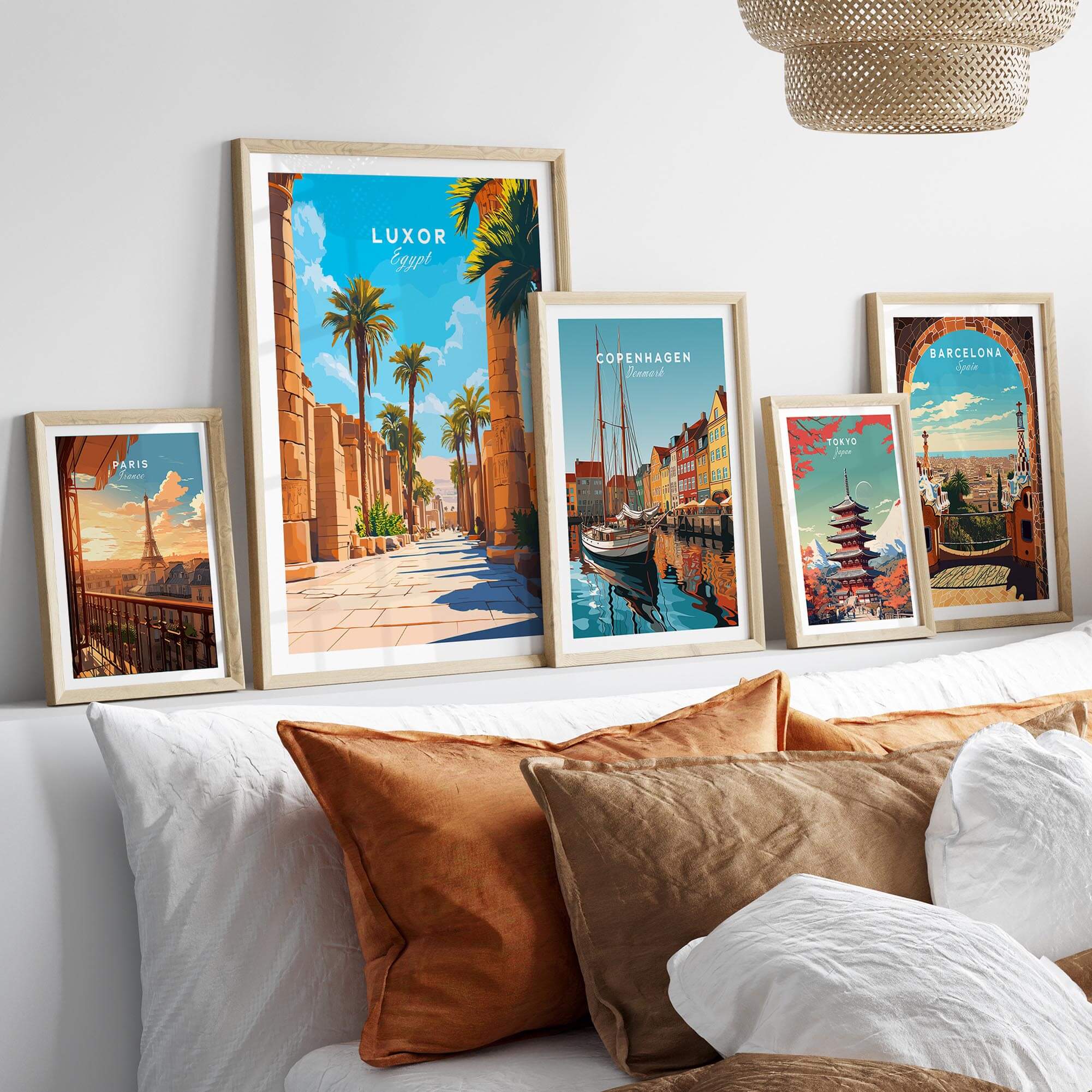 Luxor Travel Print displayed among other travel prints on a stylish wall, showcasing stunning travel destinations.