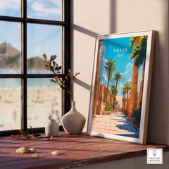 Luxor Travel Print showcasing ancient architecture and palm trees, perfect for travel enthusiasts and home decor.