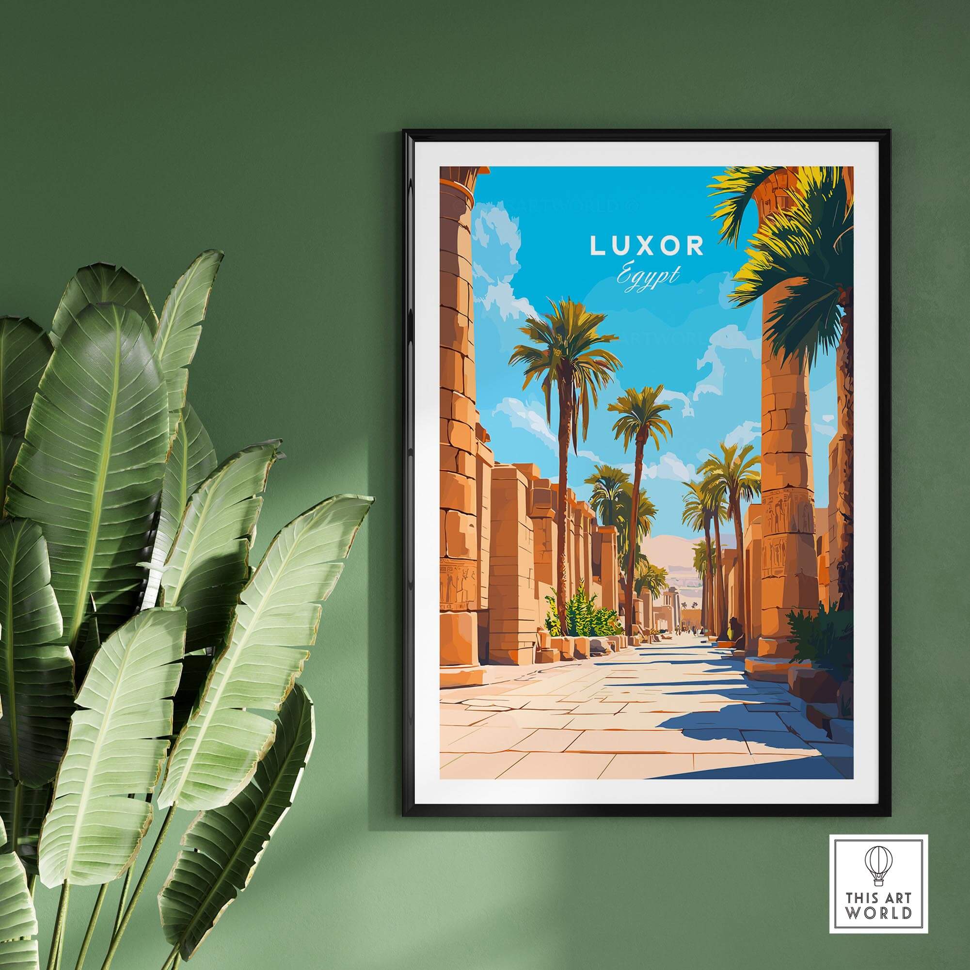 Luxor Travel Print showcasing ancient Egyptian architecture and palm trees, perfect for travel enthusiasts.