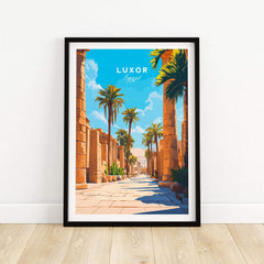 Luxor Travel Print showcasing palm-lined street with ancient columns in Luxor, Egypt artwork.