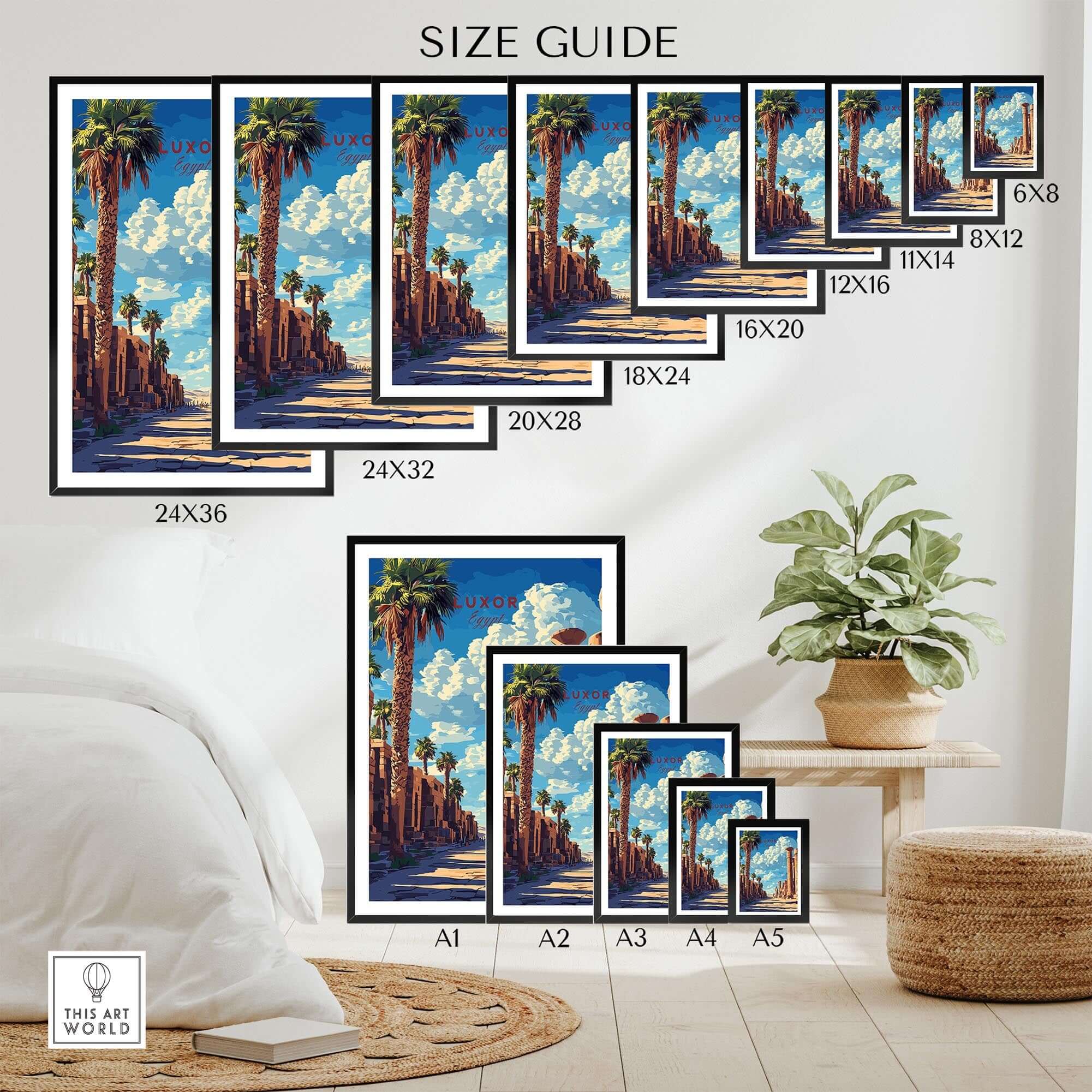 Luxor Wall Art size guide with various frame dimensions and display options in a stylish home setting.
