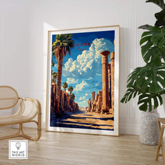 Luxor Wall Art featuring lush palm trees and ancient Egyptian architecture in a beautifully framed poster.