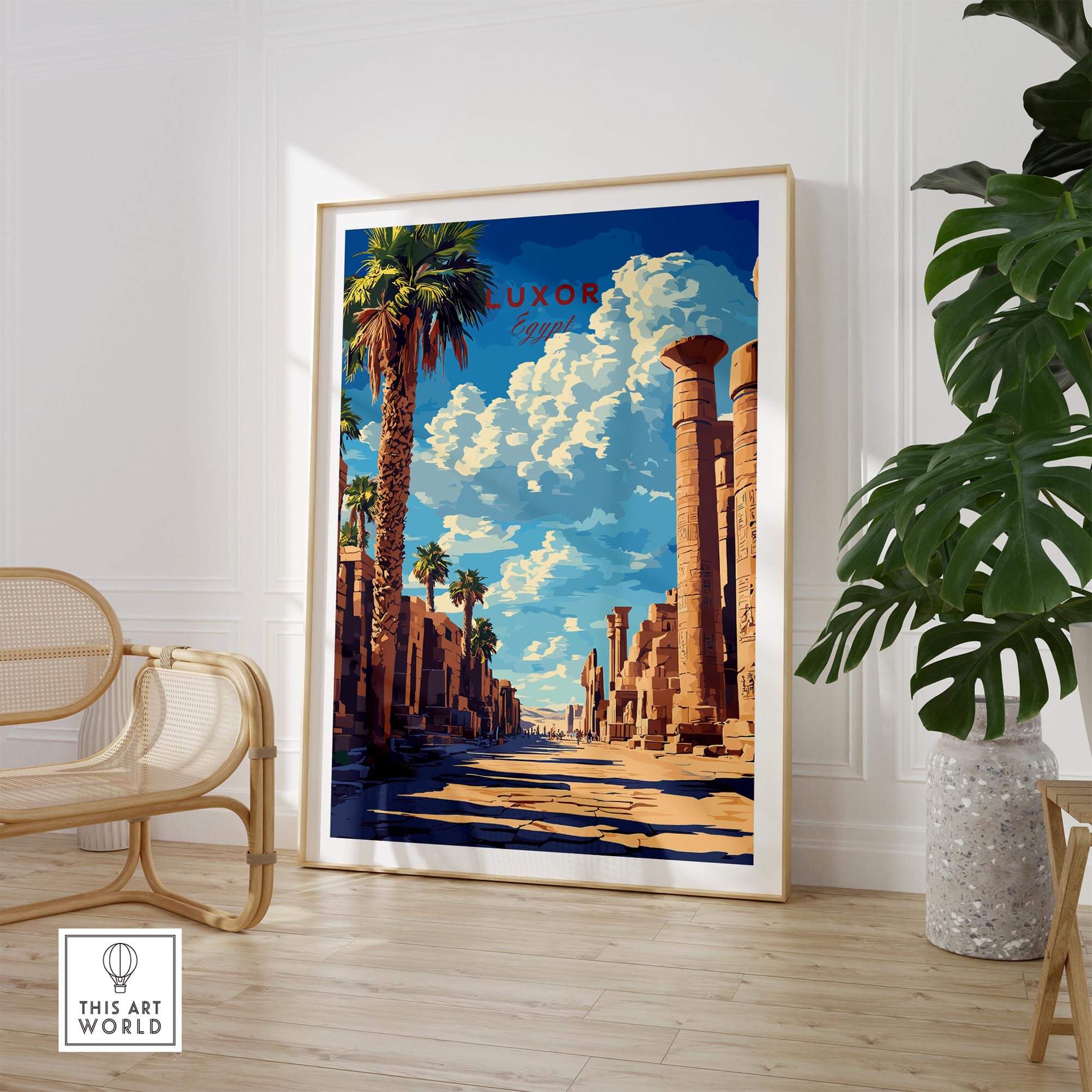 Luxor Wall Art featuring lush palm trees and ancient Egyptian architecture in a beautifully framed poster.