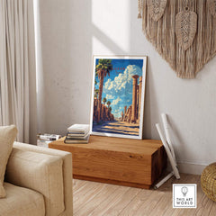 Luxor Wall Art displayed in a cozy living room, showcasing intricate Egyptian scenery and luxurious home decor.