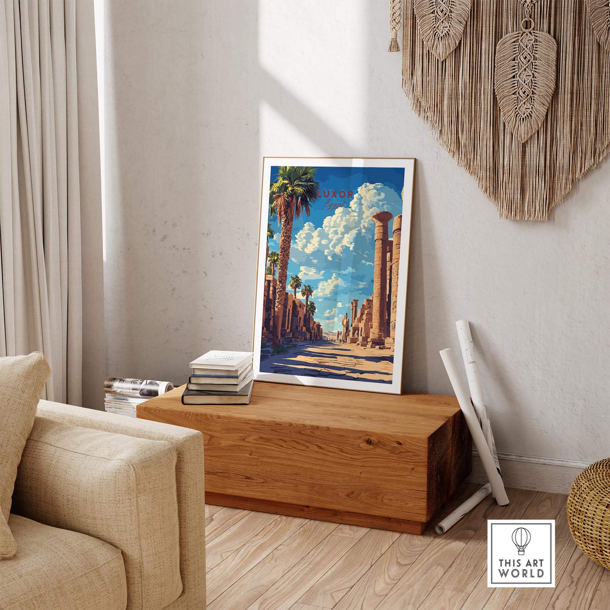Luxor Wall Art displayed in a cozy living room, showcasing intricate Egyptian scenery and luxurious home decor.
