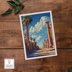 Luxor Wall Art showcasing the stunning landscapes of Egypt with palm trees and ancient columns against a bright sky.