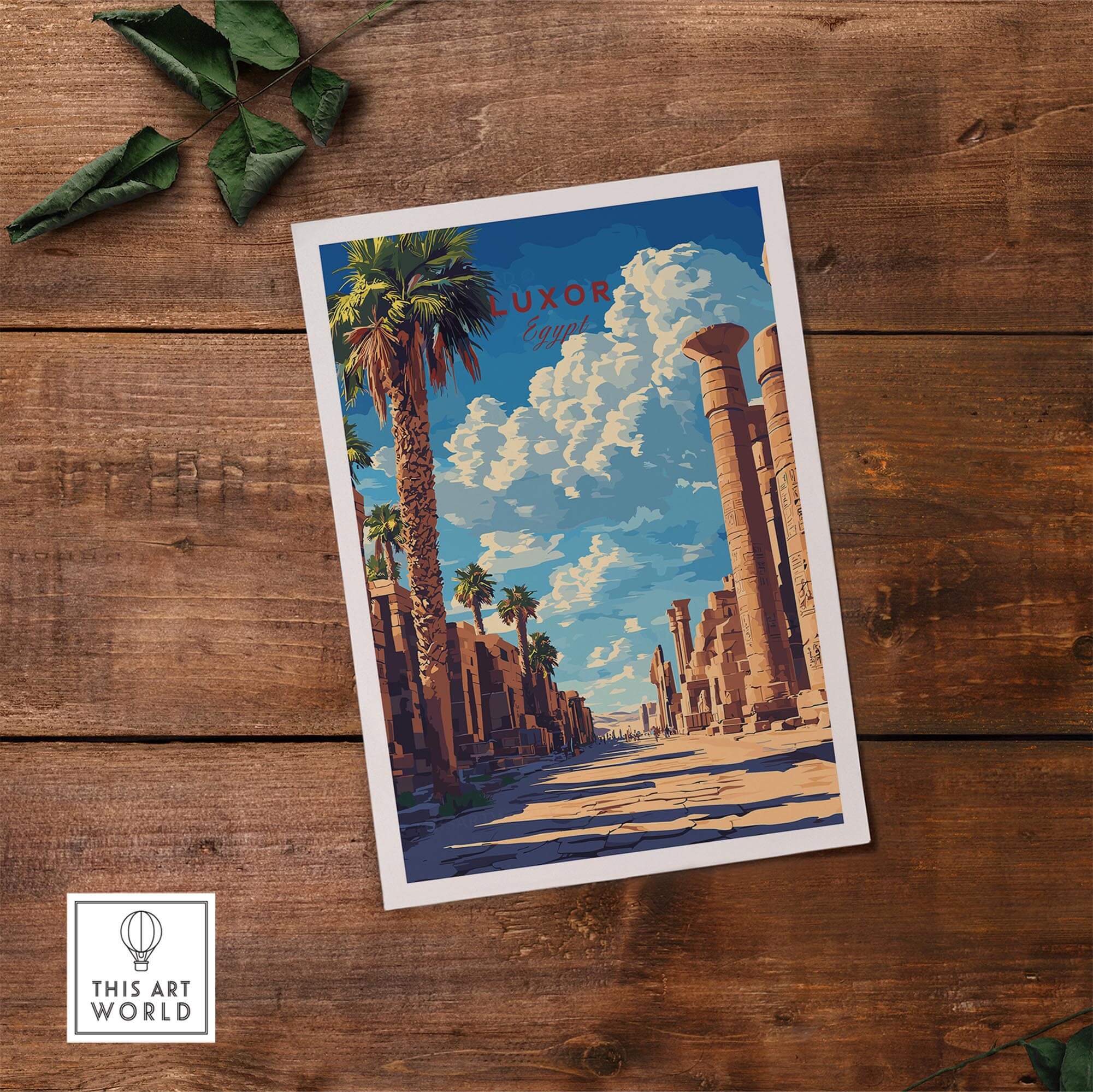 Luxor Wall Art showcasing the stunning landscapes of Egypt with palm trees and ancient columns against a bright sky.