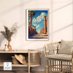 Luxor Wall Art showcasing an Egyptian-inspired travel poster in a stylish living room setting.