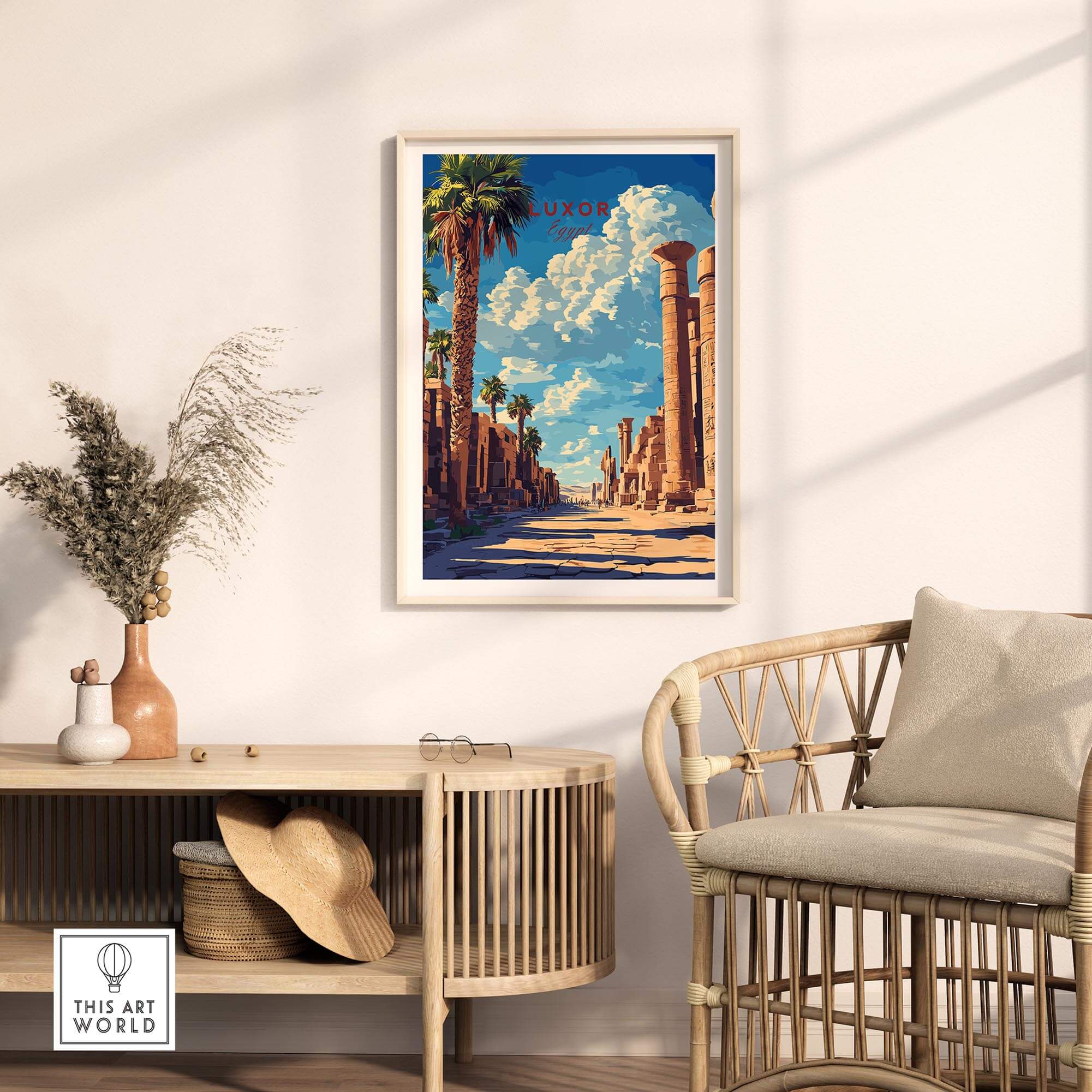 Luxor Wall Art showcasing an Egyptian-inspired travel poster in a stylish living room setting.