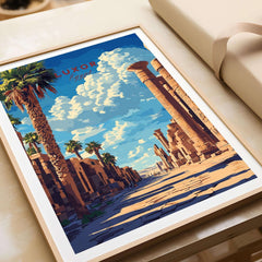 Luxor Wall Art showcasing a scenic view of ancient Egyptian architecture with palm trees and vibrant skies.