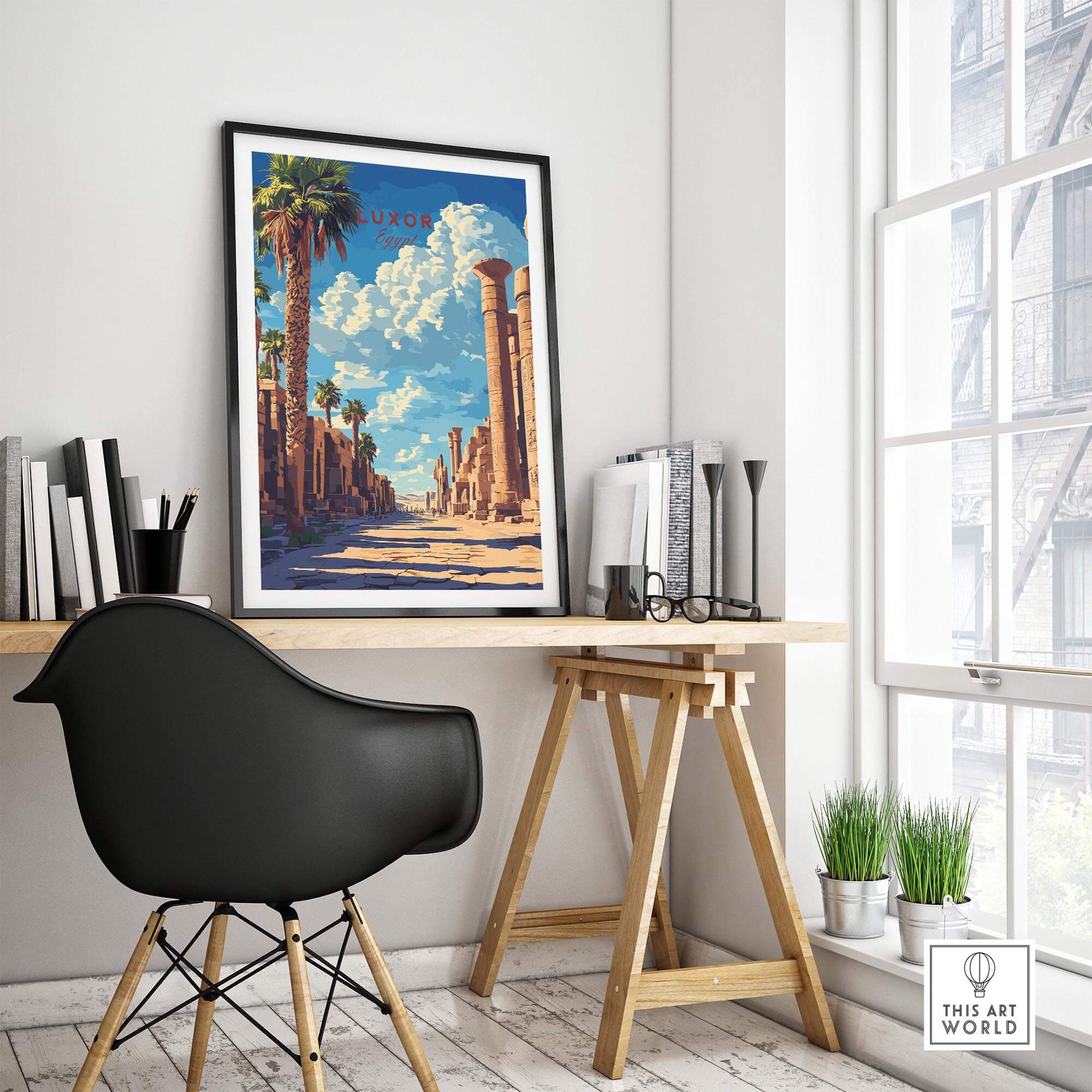 Luxor Wall Art displayed in a modern workspace, showcasing Egypt's beauty and intricate detailing.