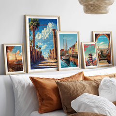 Luxor Wall Art collection featuring travel posters from various cities, elegantly displayed on a stylish wall.