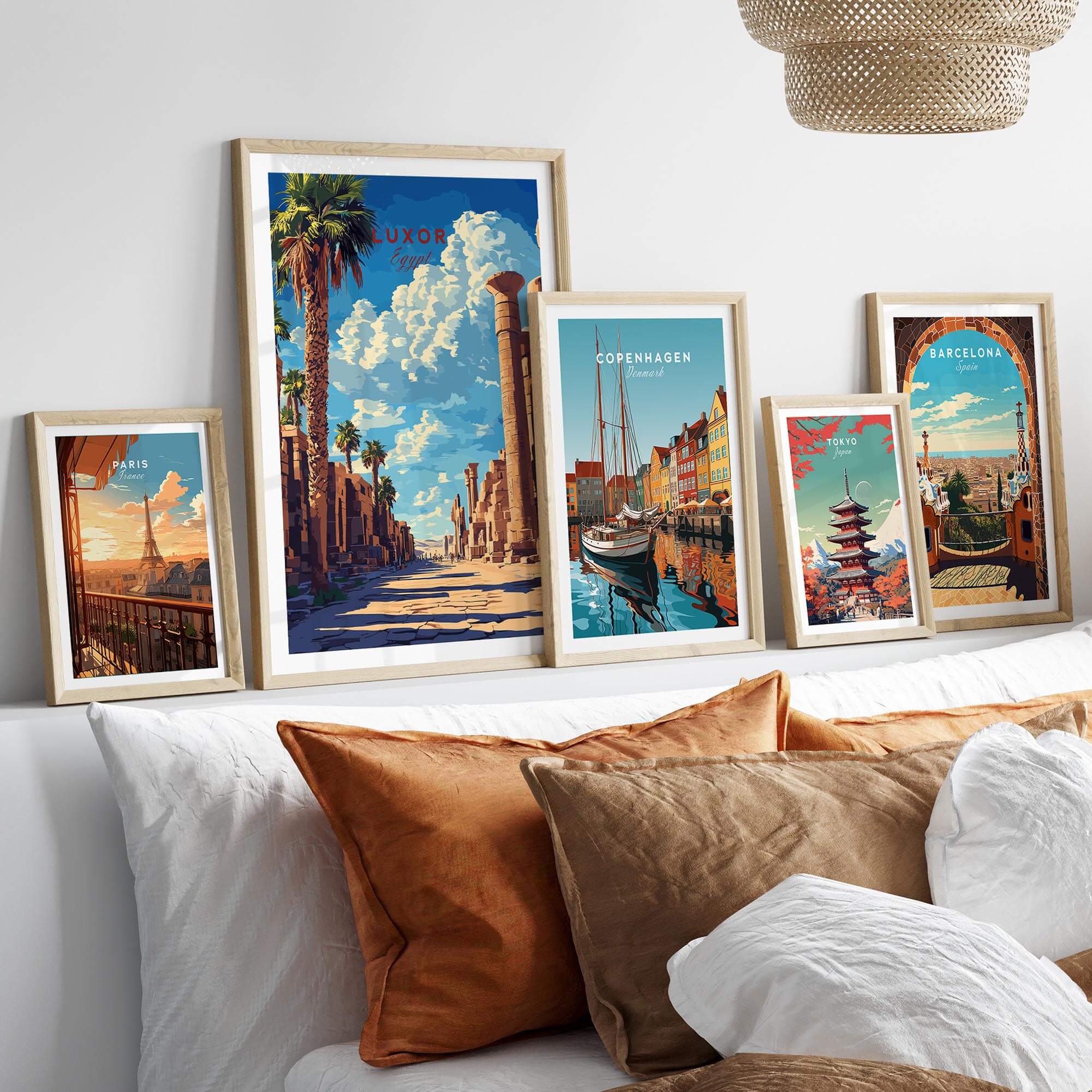 Luxor Wall Art collection featuring travel posters from various cities, elegantly displayed on a stylish wall.