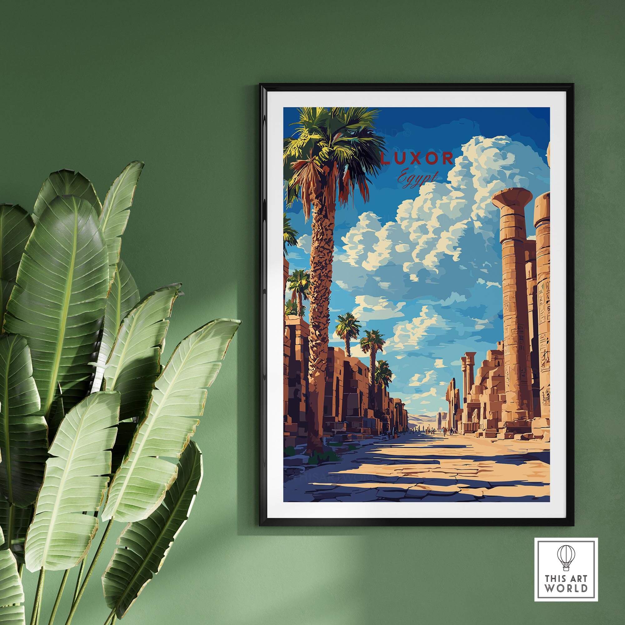 Luxor Wall Art featuring a vibrant Egyptian landscape with palm trees and ancient columns.