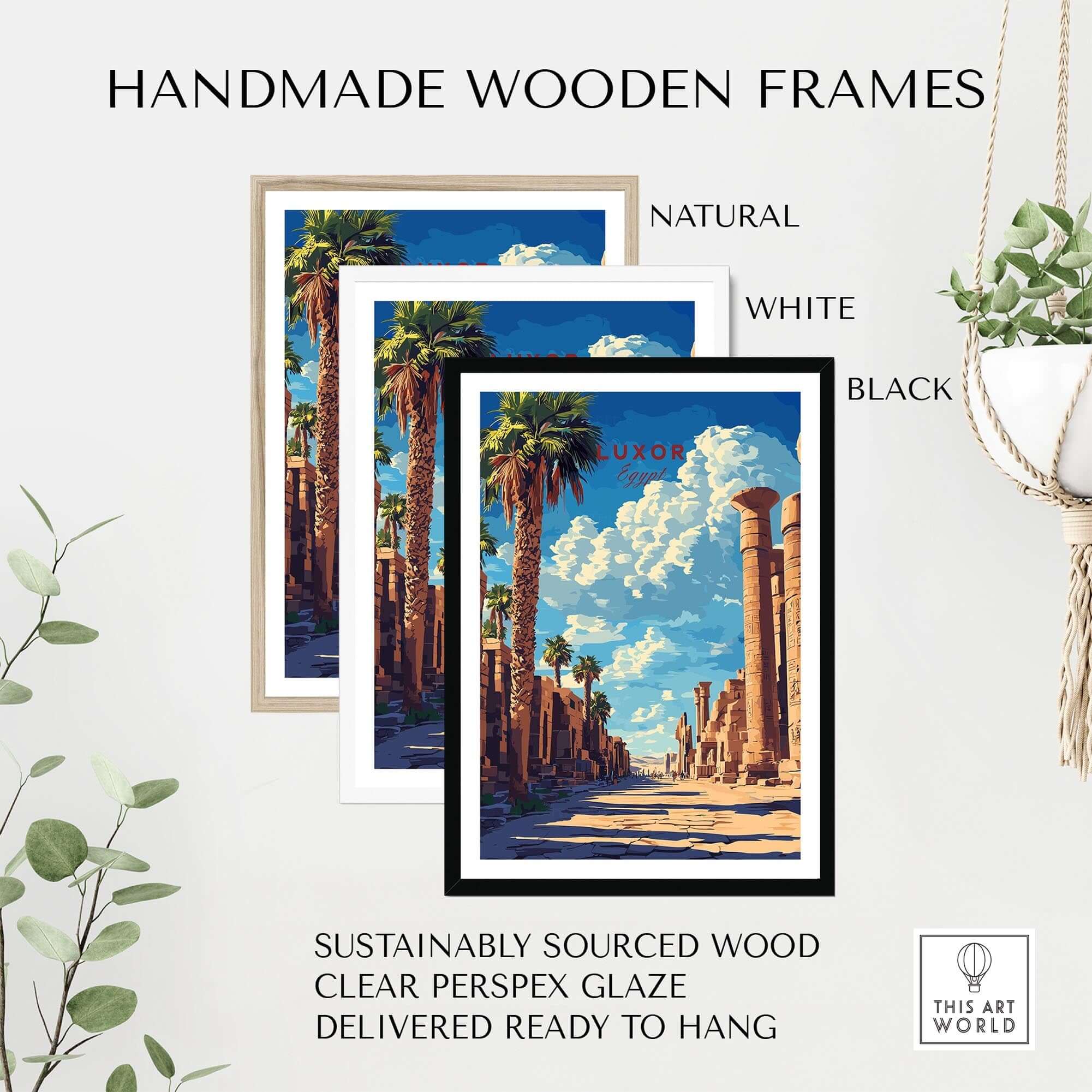 Luxor Wall Art displayed in handmade wooden frames with natural, white, and black options, perfect for home decor.