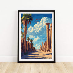 Luxor Wall Art featuring ancient Egyptian architecture and palm trees against a blue sky.