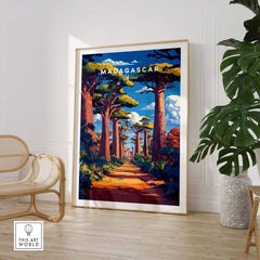 Madagascar Travel Poster featuring the iconic avenue of Baobabs in vibrant colors and picturesque landscape.