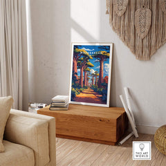 Madagascar Travel Poster showcasing the avenue of Baobabs, vibrant colors, perfect for wall art decor.