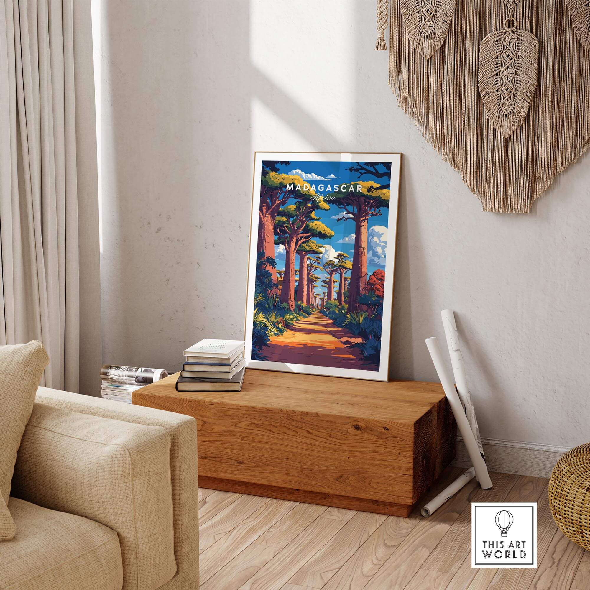 Madagascar Travel Poster showcasing the avenue of Baobabs, vibrant colors, perfect for wall art decor.