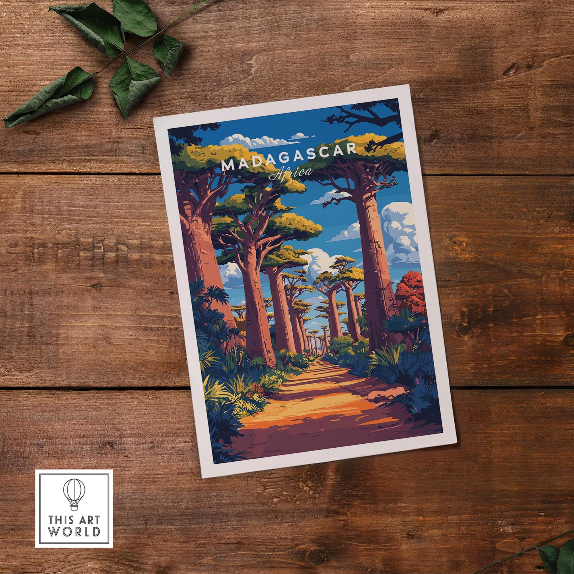 Madagascar Travel Poster featuring the iconic avenue of Baobabs in vibrant colors, perfect wall art for travelers.