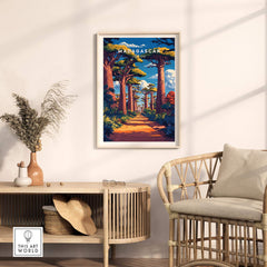 Madagascar Travel Poster featuring the iconic avenue of Baobabs in a vibrant landscape.