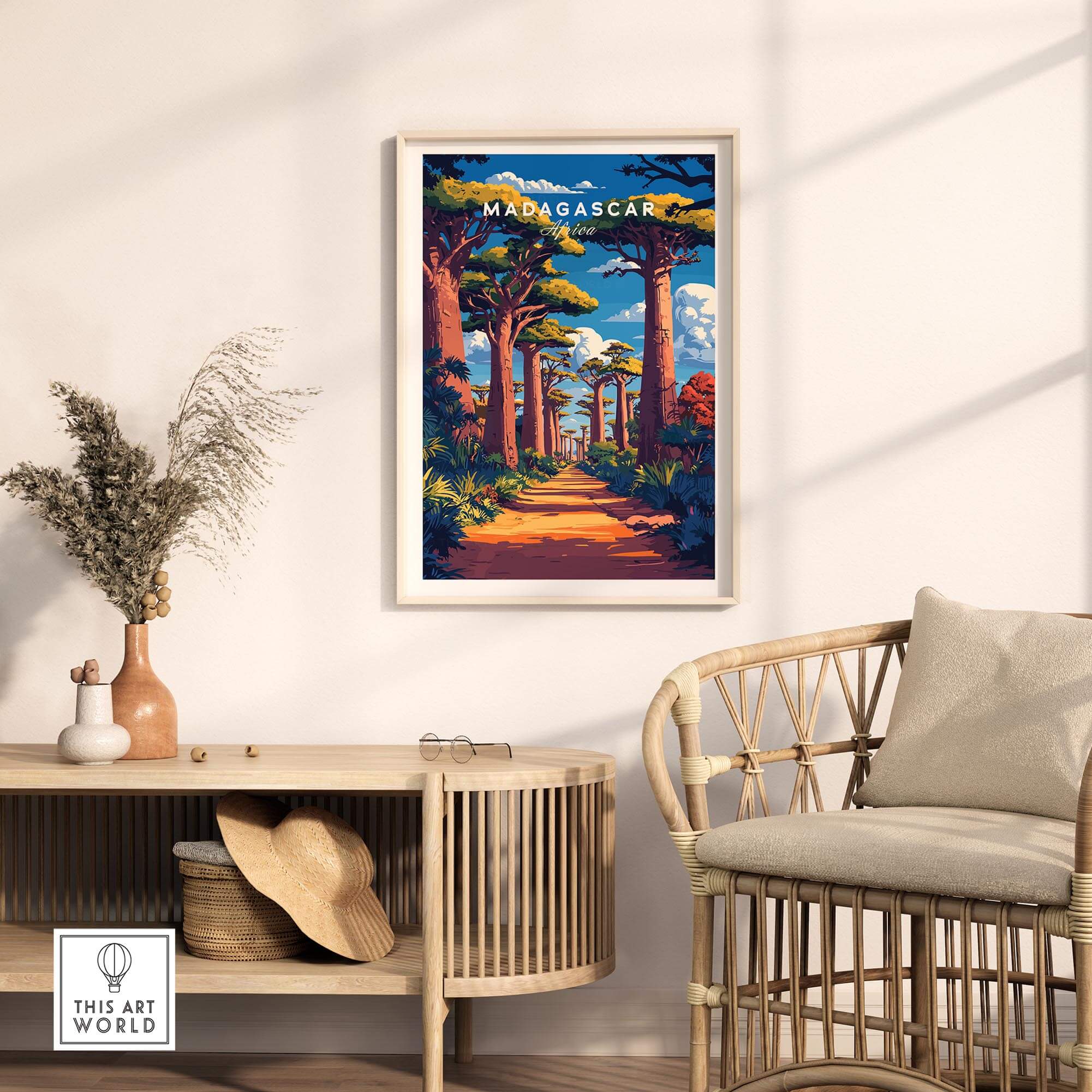 Madagascar Travel Poster featuring the iconic avenue of Baobabs in a vibrant landscape.