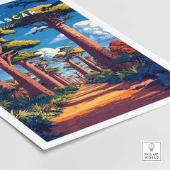 Madagascar Travel Poster featuring the iconic avenue of Baobabs with vibrant colors and picturesque landscape.