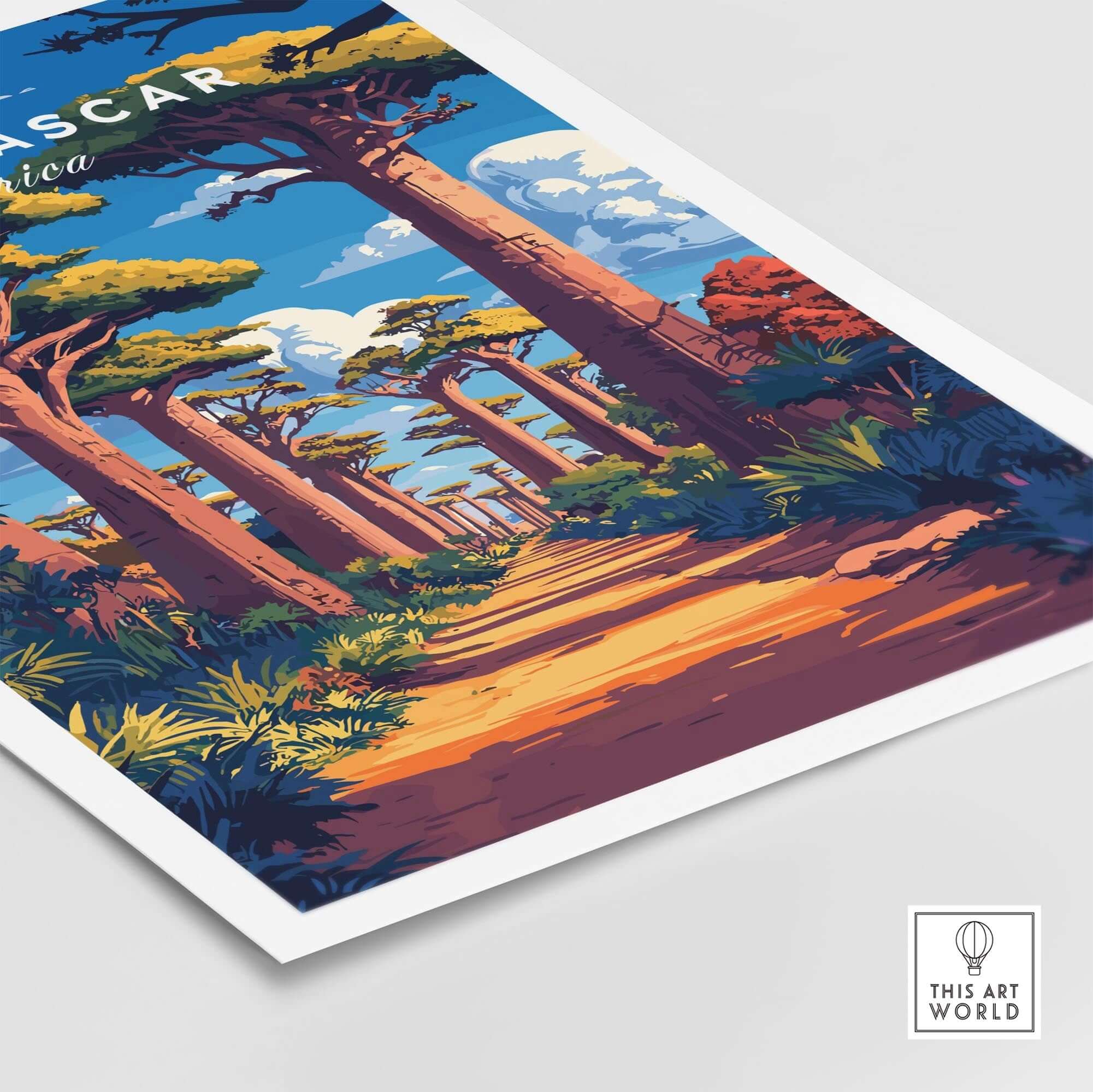 Madagascar Travel Poster featuring the iconic avenue of Baobabs with vibrant colors and picturesque landscape.