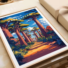 Madagascar Travel Poster featuring the avenue of Baobabs in vibrant colors and picturesque landscapes.