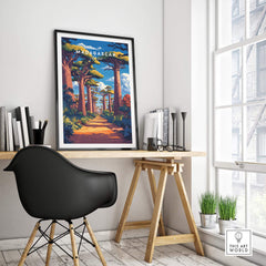 Madagascar Travel Poster showcasing vibrant Baobabs and beautiful landscape in a stylish workspace.