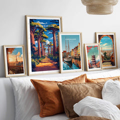 Madagascar Travel Poster displayed among other travel posters in a stylish living room setting.