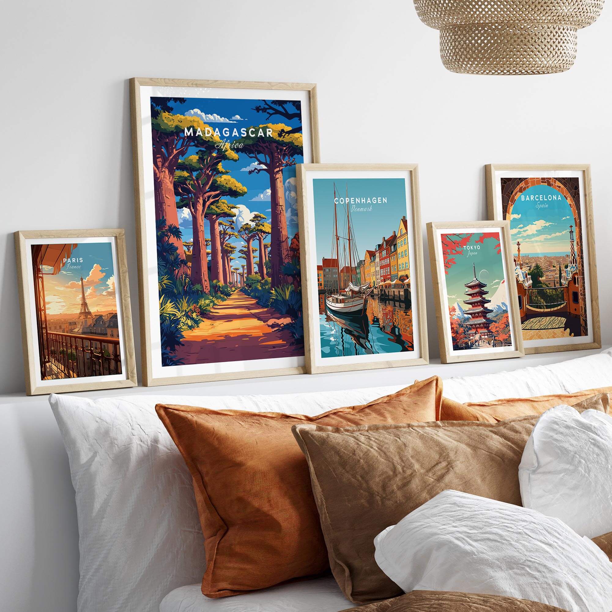 Madagascar Travel Poster displayed among other travel posters in a stylish living room setting.