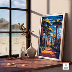 Madagascar Travel Poster featuring the avenue of Baobabs, showcasing vibrant colors and inspiring landscape.