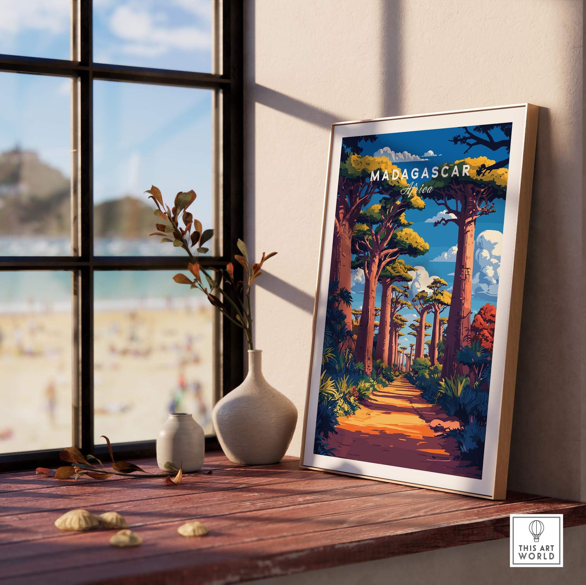 Madagascar Travel Poster featuring the avenue of Baobabs, showcasing vibrant colors and inspiring landscape.