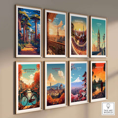 Vibrant travel posters including Madagascar Travel Poster and others showcasing iconic landmarks.