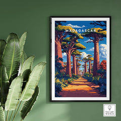 Madagascar Travel Poster featuring the iconic avenue of Baobabs, vibrant colors, and picturesque landscape.