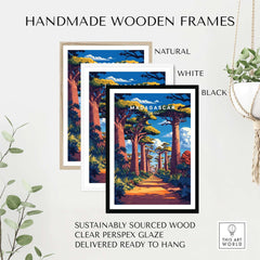 Handmade wooden frames for Madagascar Travel Poster, available in natural, white, and black finishes.