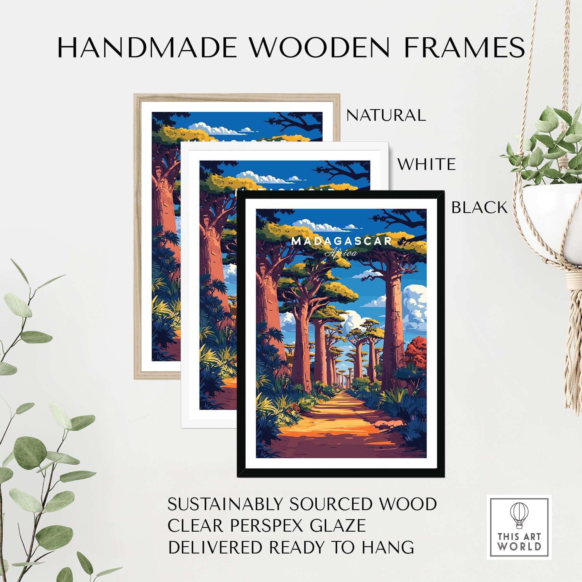 Handmade wooden frames for Madagascar Travel Poster, available in natural, white, and black finishes.