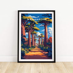 Madagascar Travel Poster featuring the iconic avenue of Baobabs in vibrant colors.